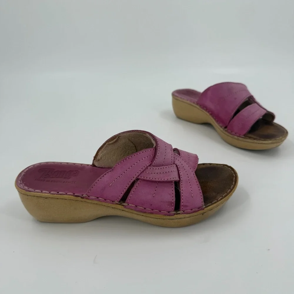 Tsonga Slide Sandals Womens US 9 Pink Wedge Crisscross Strap Open Toe Slip On